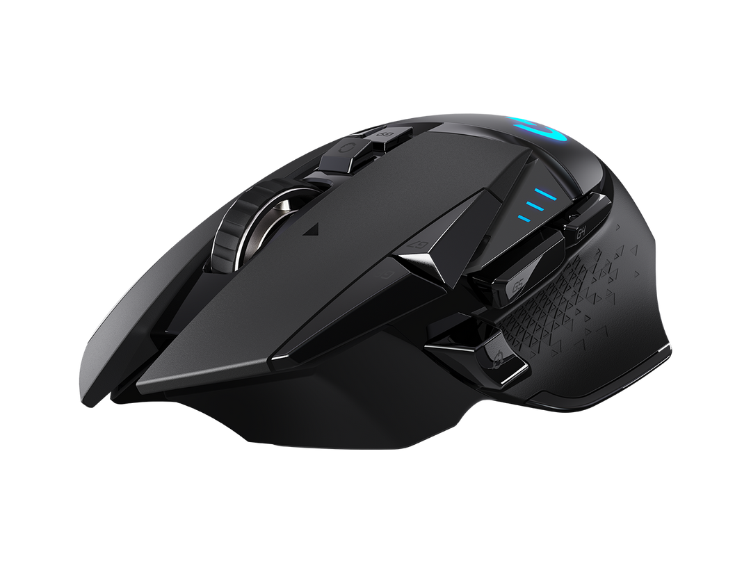 Logitech G502 LIGHTSPEED, front three-quarter view of the buttons and scroll wheel