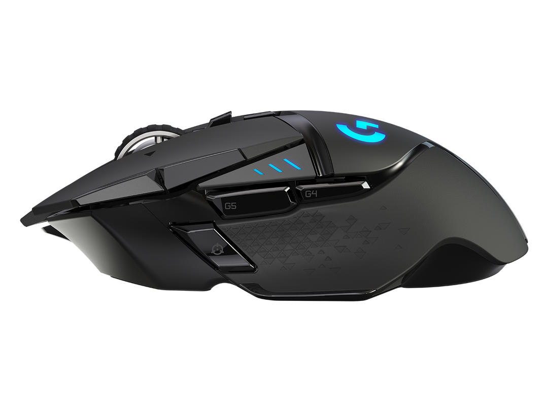 Logitech G502 LIGHTSPEED, left side profile with thumb buttons and rubber grip