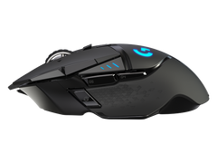 Logitech G502 LIGHTSPEED, left side profile with thumb buttons and rubber grip