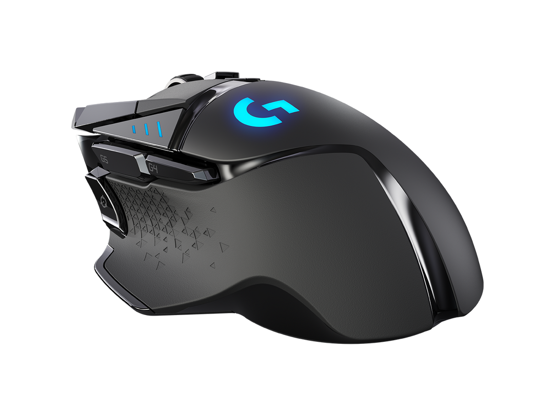 Logitech G502 LIGHTSPEED, rear three-quarter view with the G logo and DPI indicator lights