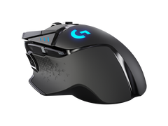 Logitech G502 LIGHTSPEED, rear three-quarter view with the G logo and DPI indicator lights