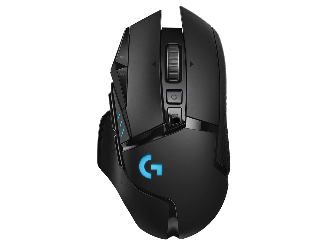 Logitech G502 LIGHTSPEED wireless gaming mouse in black, top view with the lit G logo