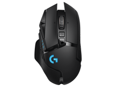 Logitech G502 LIGHTSPEED wireless gaming mouse in black, top view with the lit G logo
