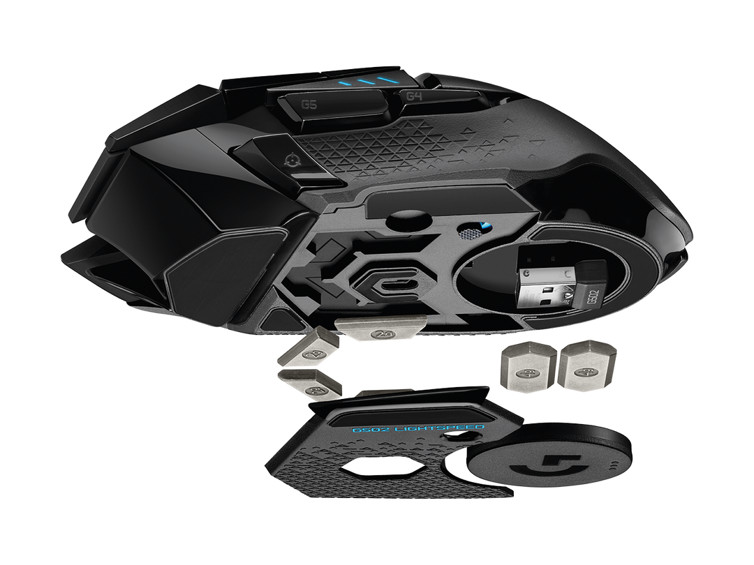 Logitech G502 LIGHTSPEED exploded view of the tunable weights and the receiver storage