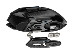 Logitech G502 LIGHTSPEED exploded view of the tunable weights and the receiver storage