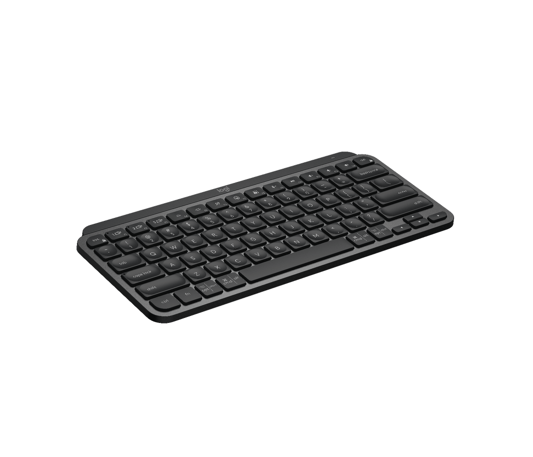 Logitech MX Keys Mini in Black at a three-quarter angle, showing its compact footprint