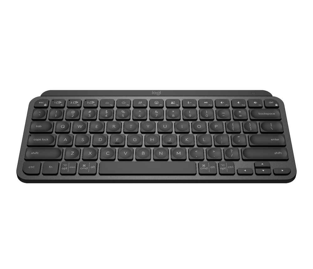 Logitech MX Keys Mini in Black seen from the front, showing the low-profile spherically dished keys