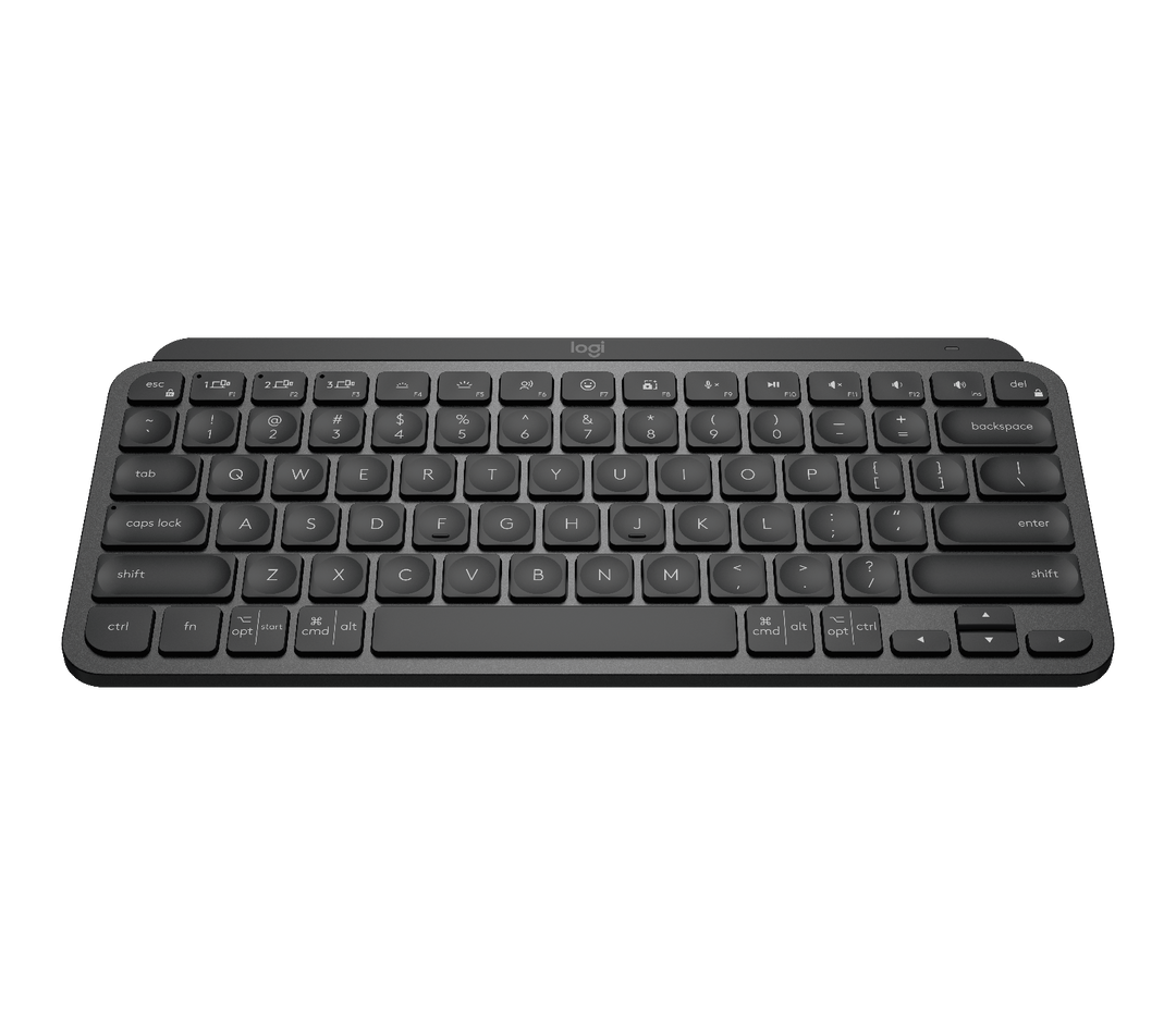 Logitech MX Keys Mini in Black seen from the front, showing the low-profile spherically dished keys