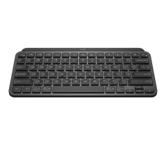 Logitech MX Keys Mini in Black seen from the front, showing the low-profile spherically dished keys