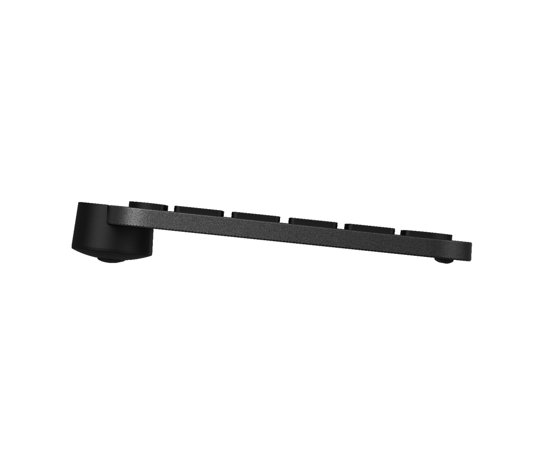 Side profile of the Logitech MX Keys Mini in Black showing the slim typing angle