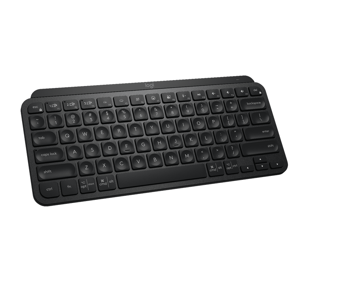 Logitech MX Keys Mini in Black tilted toward the viewer, with Easy-Switch, emoji, dictation and mic mute keys