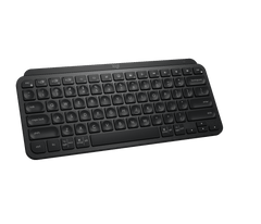 Logitech MX Keys Mini in Black tilted toward the viewer, with Easy-Switch, emoji, dictation and mic mute keys