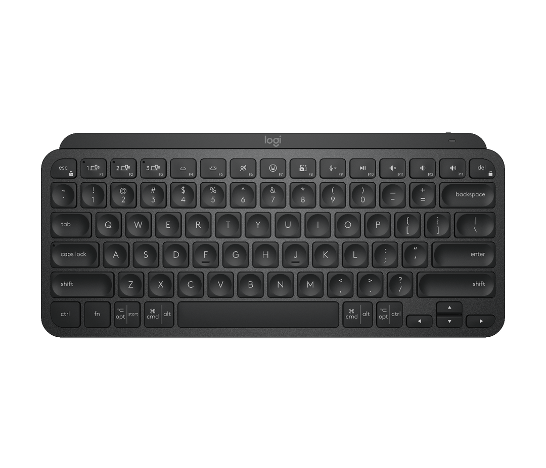 Logitech MX Keys Mini wireless keyboard in Black, top view of the English US QWERTY layout