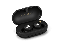 Marshall Mode II true wireless earbuds in black, both earbuds in the open charging case with EST. 1962 inside the lid