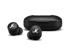 Marshall Mode II black earbuds with the white Marshall M script, in front of the closed textured charging case