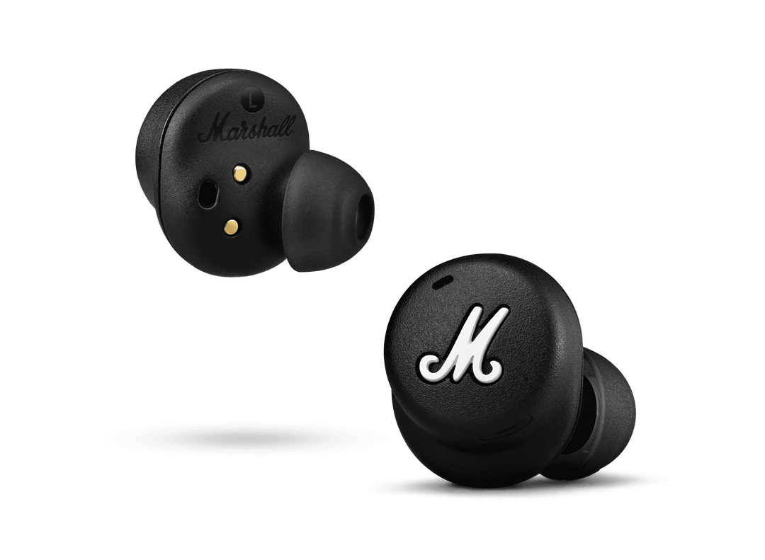 Marshall Mode II black earbuds, one showing the ear tip and gold charging contacts, one showing the touch surface