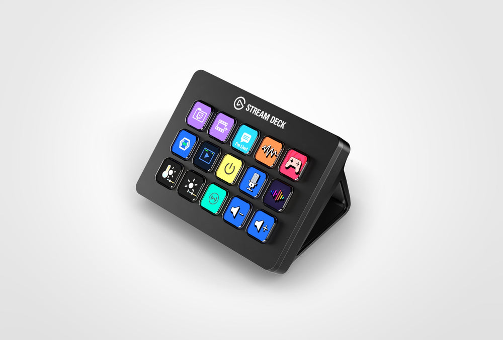 Elgato Stream Deck MK.2 Black, 15 LCD keys on its stand, three-quarter front view