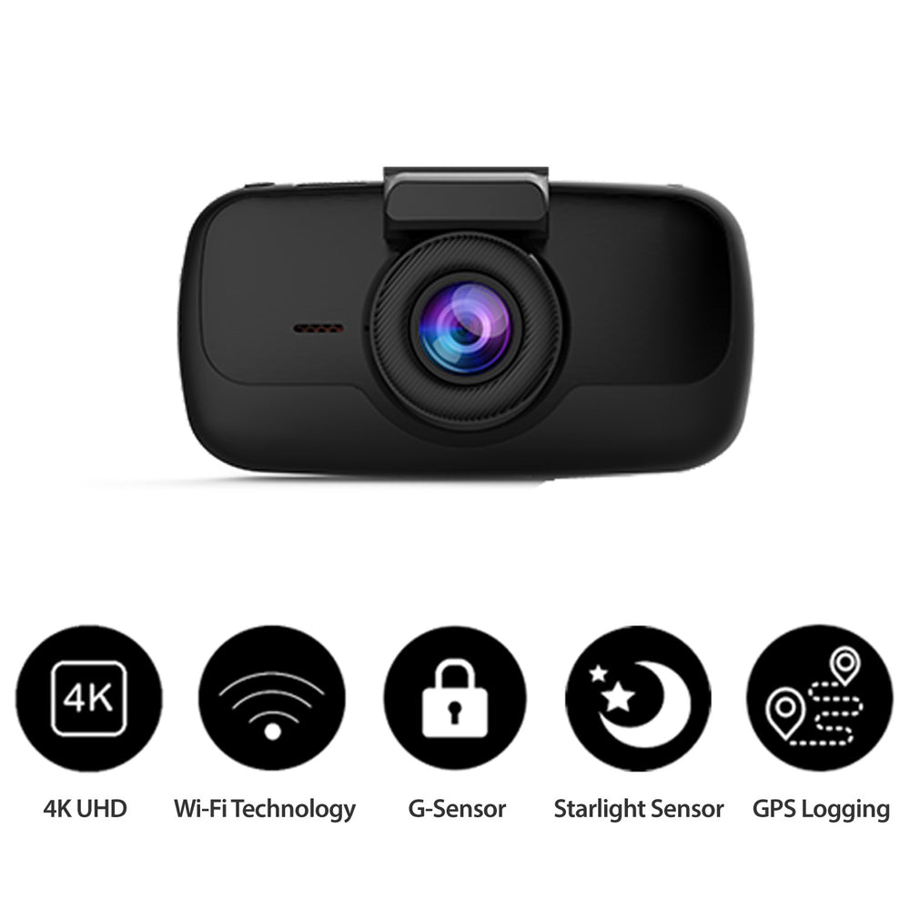 myGEKOgear Orbit 960 4K dash cam, front view with icons for 4K UHD, Wi-Fi, G-sensor, starlight sensor and GPS logging