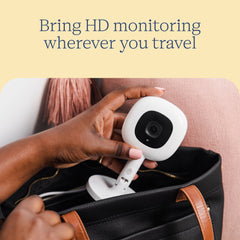 Nanit Flex Stand holding a Nanit camera, packed into a bag for travel. Camera sold separately