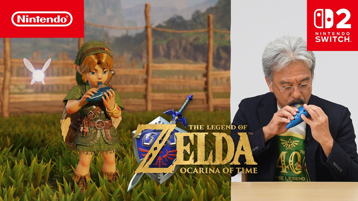 Eiji Aonuma plays an ocarina beside Young Link in Nintendo's Ocarina of Time demonstration