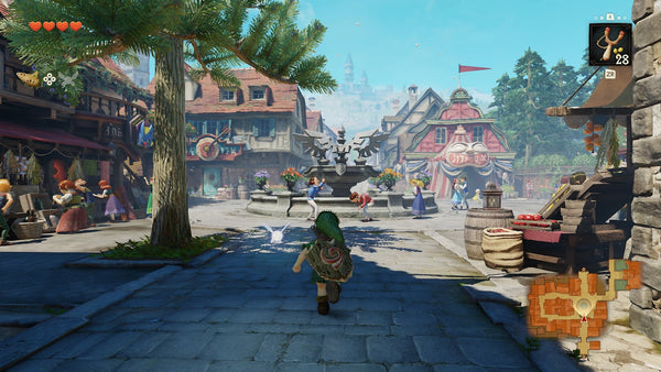 Young Link and Navi in Hyrule Castle Town market in Ocarina of Time on Nintendo Switch 2