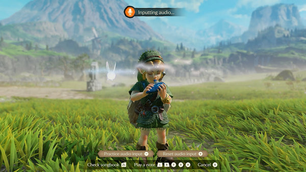Young Link in Hyrule Field while Ocarina of Time on Nintendo Switch 2 listens for a song