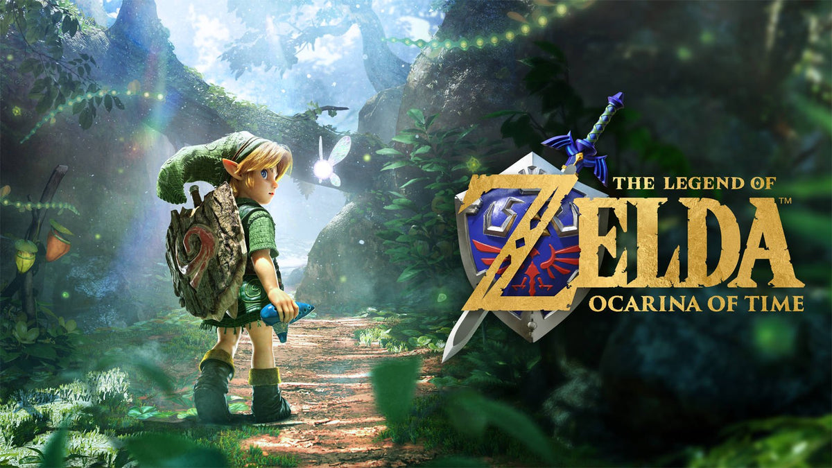 Young Link holds the Ocarina of Time in Kokiri Forest beside The Legend of Zelda: Ocarina of Time logo