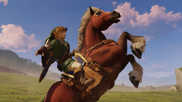 Adult Link rides Epona across Hyrule Field in Ocarina of Time on Nintendo Switch 2
