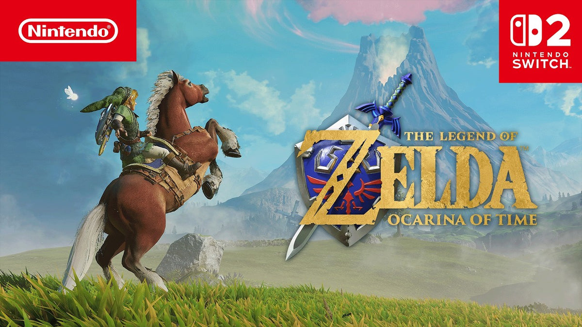 Adult Link rides Epona beside The Legend of Zelda: Ocarina of Time logo for Nintendo Switch 2