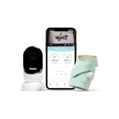 Owlet Monitor Duo in Mint: the Owlet Cam and the Smart Sock 3 beside a phone showing the Owlet app, on a white background, official photography