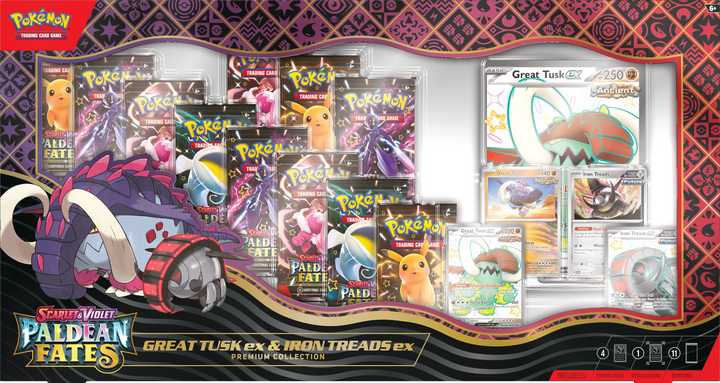 Pokemon TCG: Paldean Fates Great Tusk ex & Iron Threads ex Premium Collection (11 Booster Packs+Promos) - Scarlet and Violet