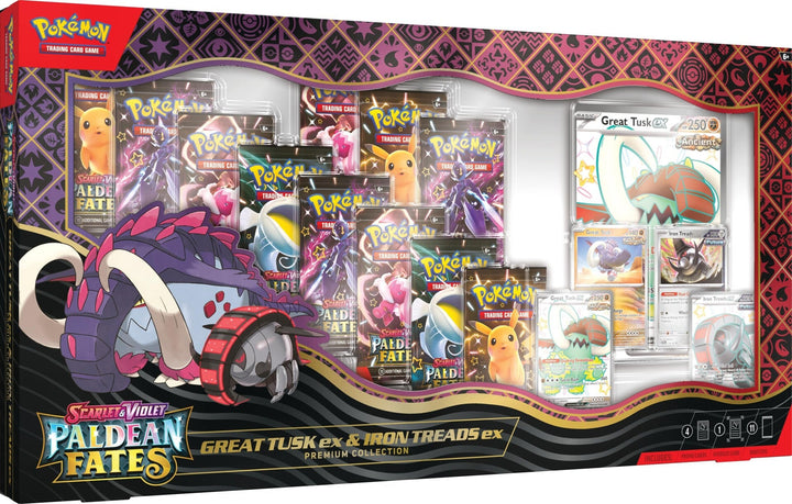 Pokemon TCG: Paldean Fates Great Tusk ex & Iron Threads ex Premium Collection (11 Booster Packs+Promos) - Scarlet and Violet