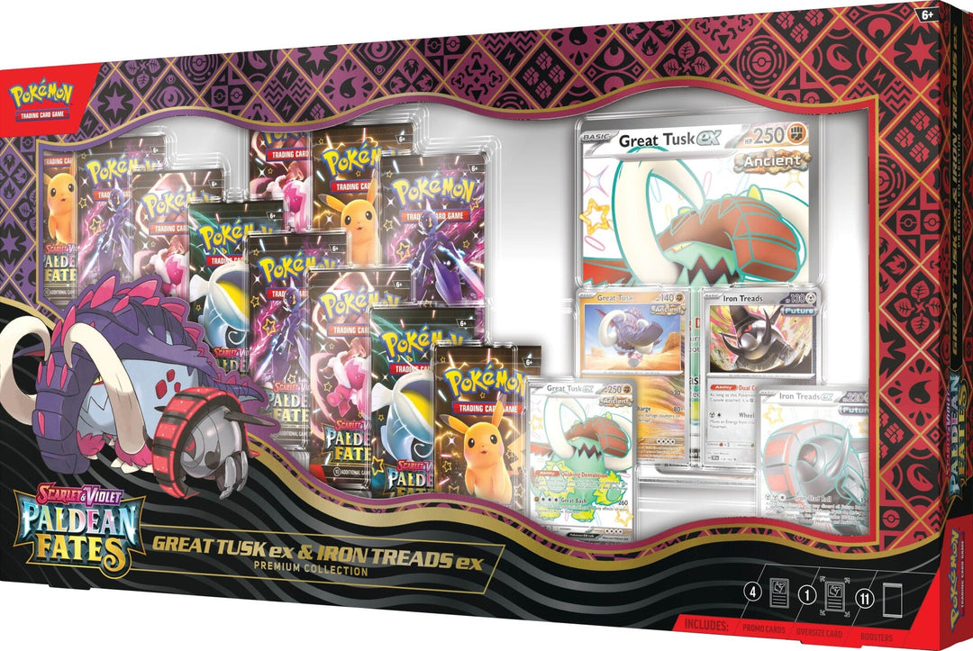 Pokemon TCG: Paldean Fates Great Tusk ex & Iron Threads ex Premium Collection (11 Booster Packs+Promos) - Scarlet and Violet
