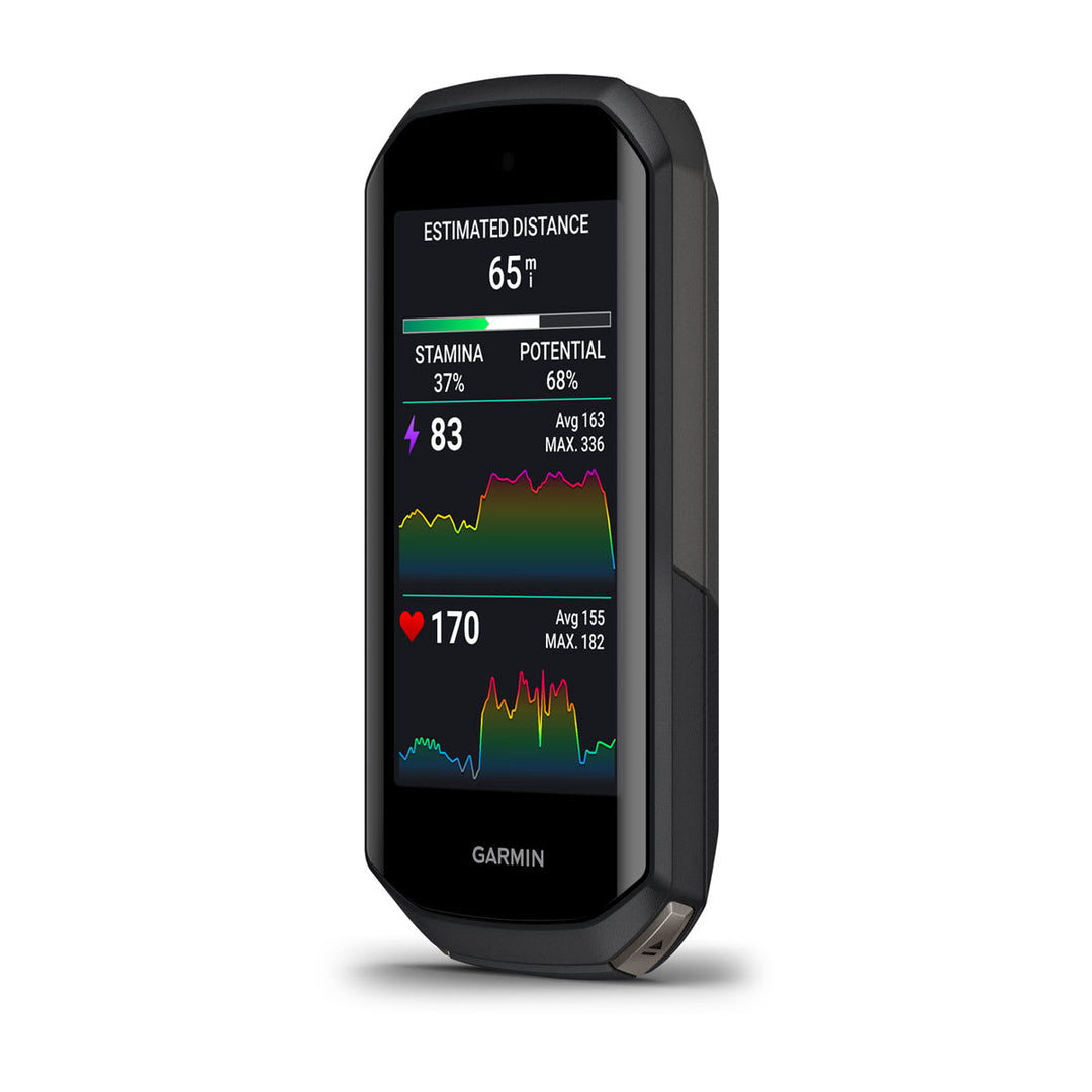 Garmin Edge 1050 angled view showing the real-time stamina, power and heart rate data screen