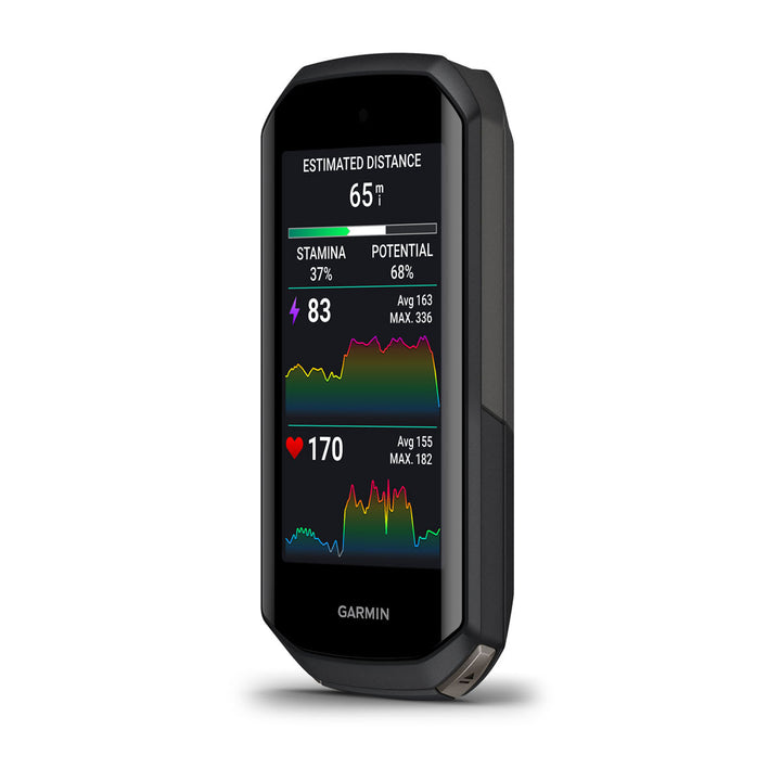 Garmin Edge 1050 angled view showing the real-time stamina, power and heart rate data screen