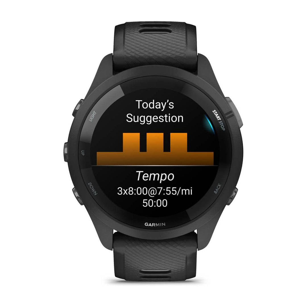 Garmin Forerunner 265 front view showing the daily suggested workout screen with a tempo run