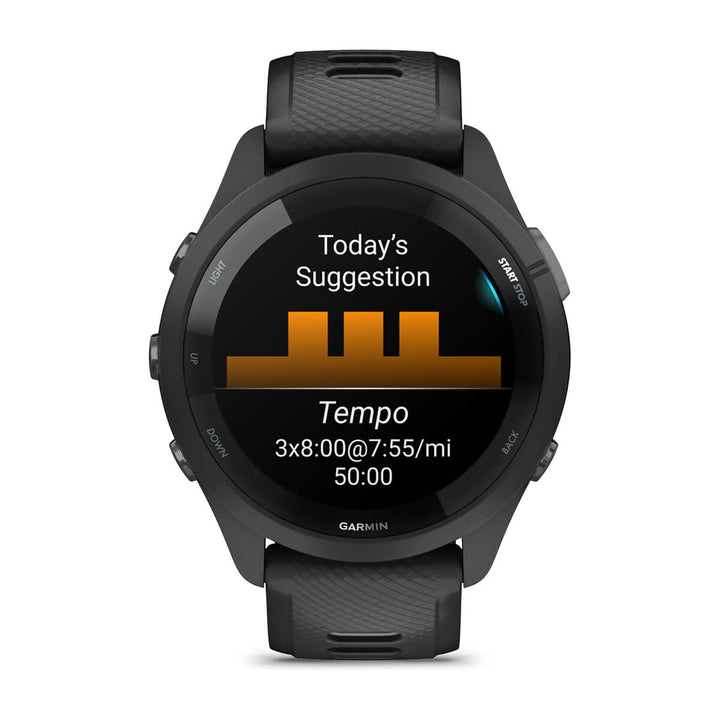 Garmin Forerunner 265 front view showing the daily suggested workout screen with a tempo run