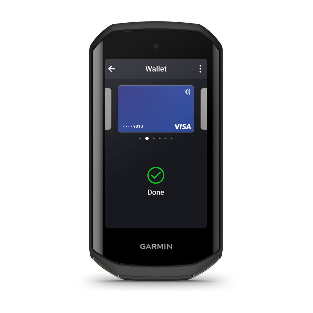 Garmin Edge 1050 showing the Garmin Pay wallet screen with a completed contactless payment