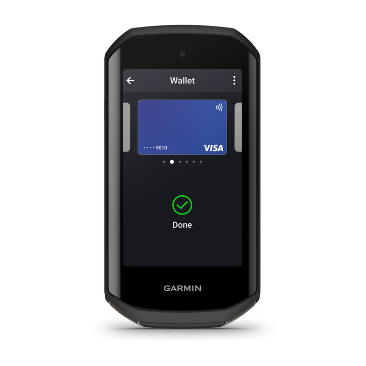 Garmin Edge 1050 showing the Garmin Pay wallet screen with a completed contactless payment