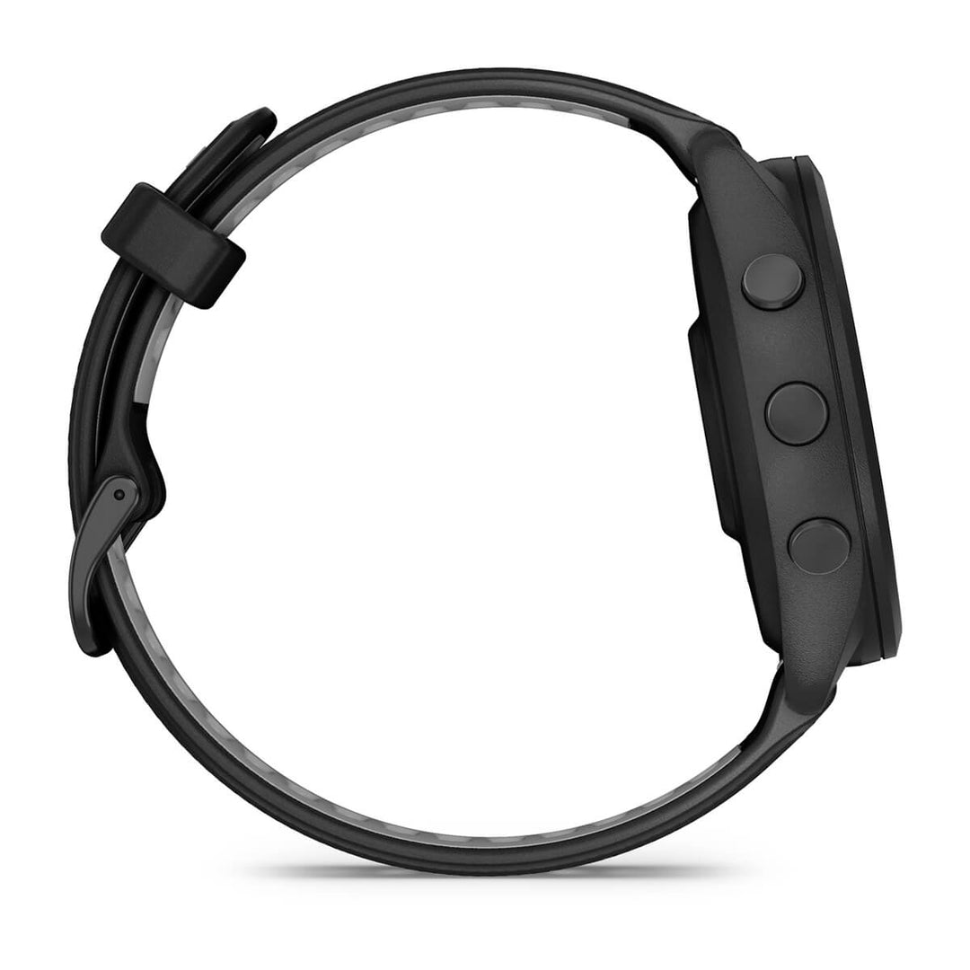 Garmin Forerunner 265 left side profile showing the light, up and down buttons and the strap