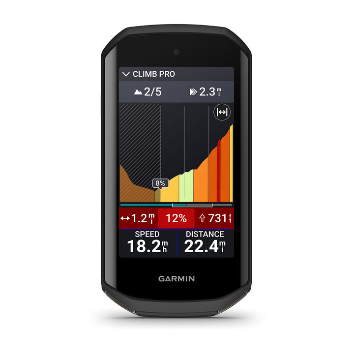 Garmin Edge 1050 showing the ClimbPro ascent profile with gradient, speed and distance