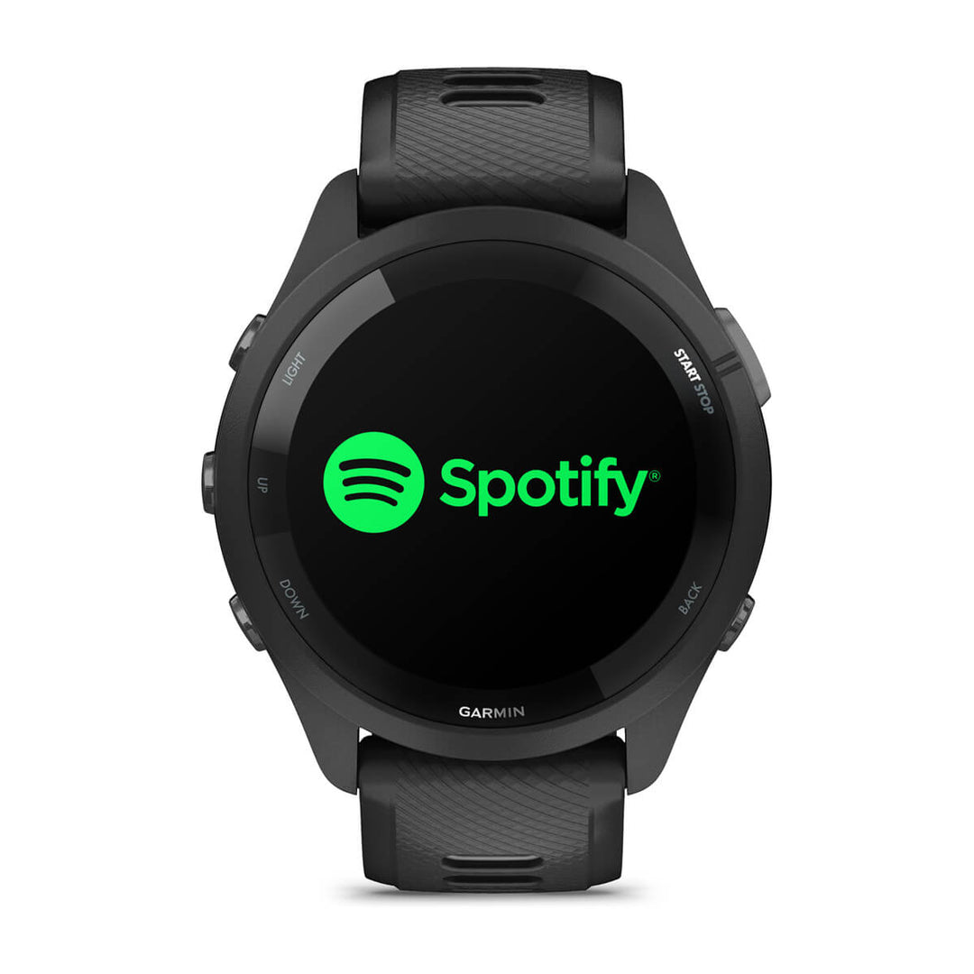 Garmin Forerunner 265 front view showing the Spotify app on the AMOLED display