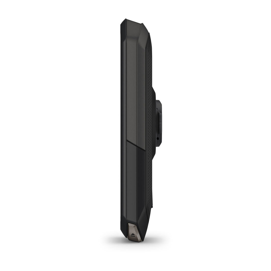 Garmin Edge 1050 side profile showing the 16.3 mm case depth and the quarter-turn mount tab