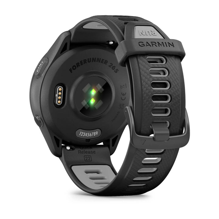 Garmin Forerunner 265 caseback showing the optical heart rate sensor and the 22 mm quick release band