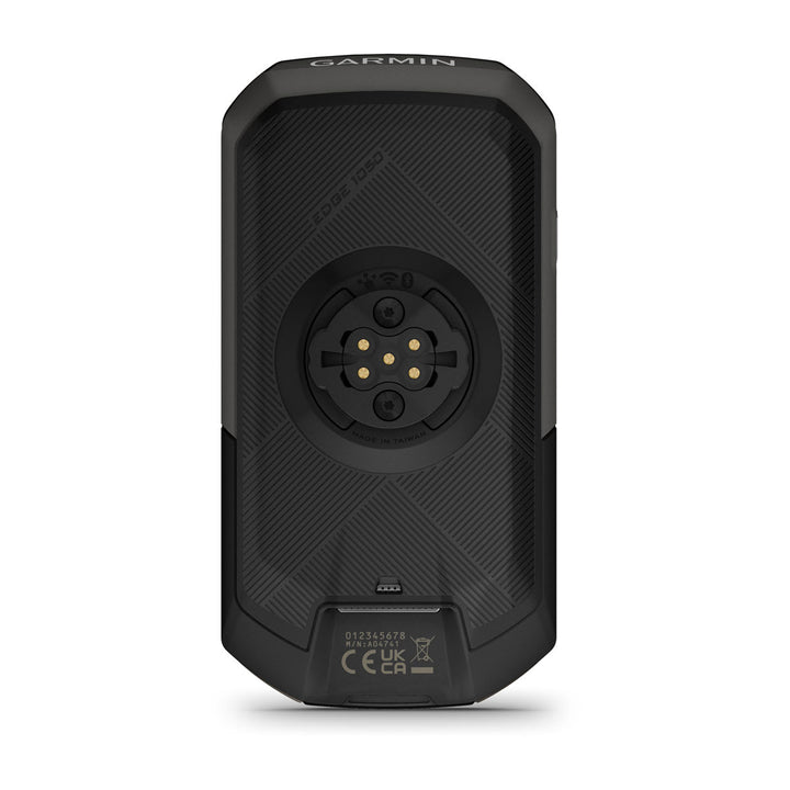 Garmin Edge 1050 back of the case showing the quarter-turn mount, charging contacts and Made in Taiwan marking