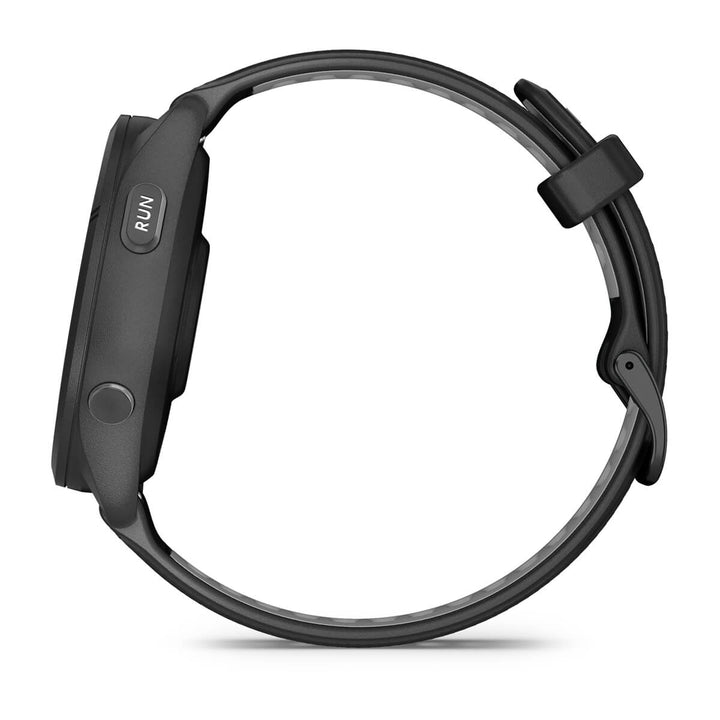 Garmin Forerunner 265 right side profile showing the RUN start and stop button