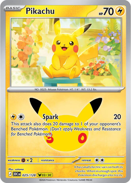 Pikachu #025/128 HOLO Pikachu Rare - 30th Celebration Mega Evolution Pokemon 2026