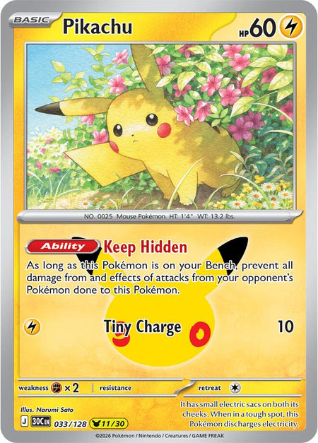 Pikachu #033/128 HOLO Pikachu Rare - 30th Celebration Mega Evolution Pokemon 2026