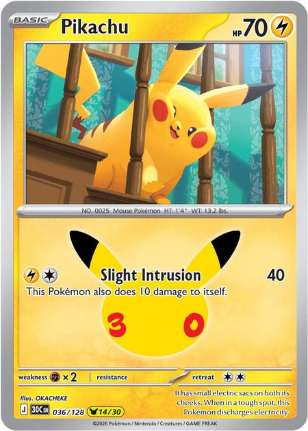 Pikachu #036/128 HOLO Pikachu Rare - 30th Celebration Mega Evolution Pokemon 2026