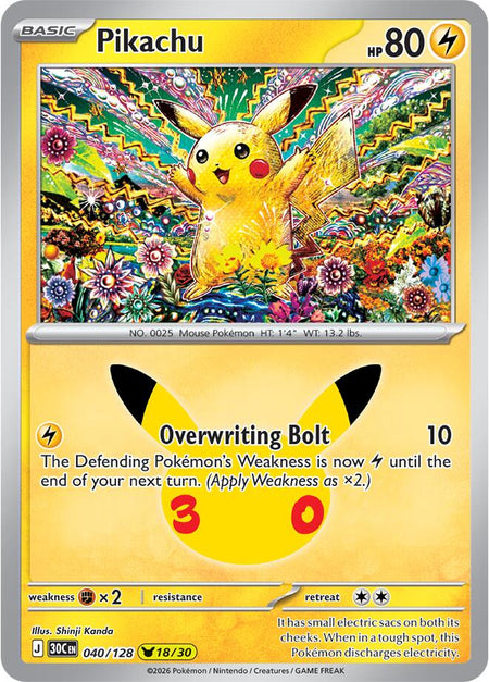 Pikachu #040/128 HOLO Pikachu Rare - 30th Celebration Mega Evolution Pokemon 2026